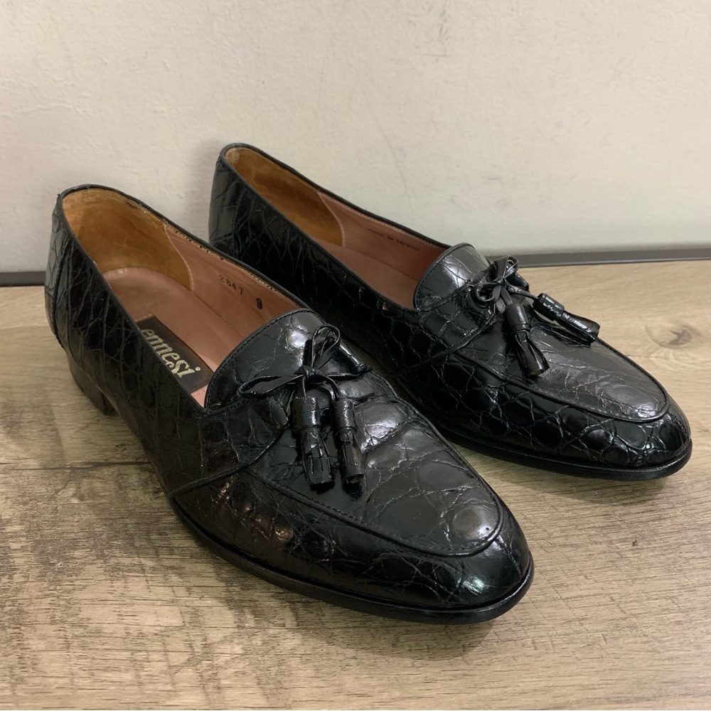 Men's ENNESI Genuine BLACK ALLIGATOR Skin TASSEL Dress LOAFERS Slip On SHOES  9